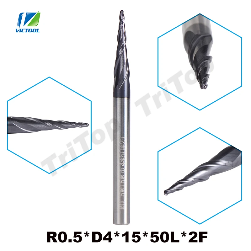 

5pcs/Lot R0.5*D4*15*50L*2F HRC55 Tungsten Solid Carbide Coated Tapered Taper Ball Nose End Mill Cone Type CNC Milling Cutter