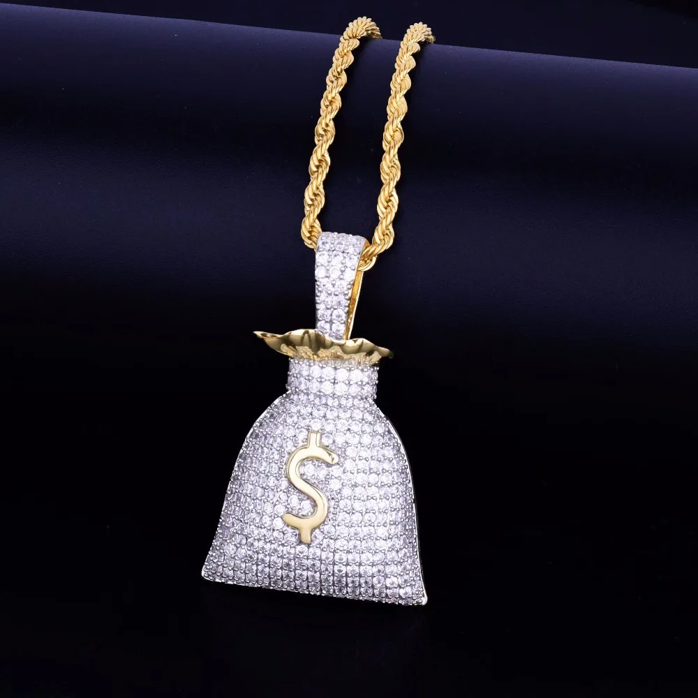 

Hip Hop AAA CZ Stone Paved Bling Iced Out US Dollar Money Bag Purse Pendants Necklace for Men Rapper Jewelry Gold Color