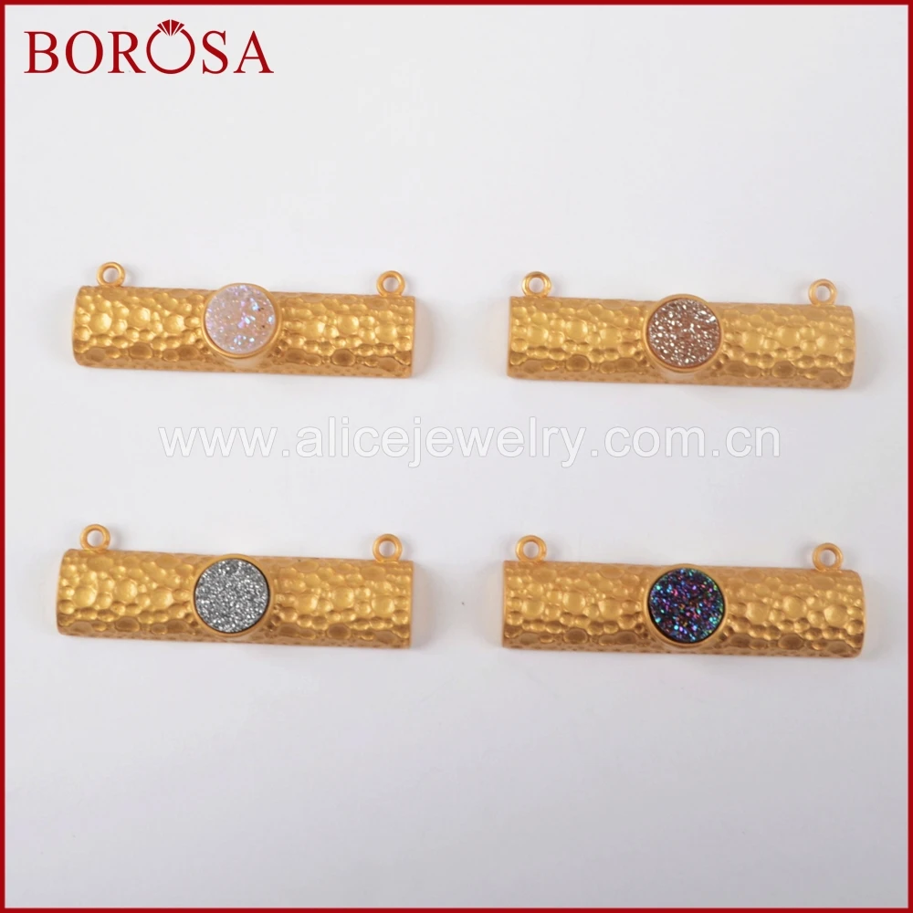 BOROSA 10PCS Rectangle Plating Color Druzy Connectors with Round Natural Agates Titanium Rainbow Pendant for DIY Necklace ZG0203 | Украшения