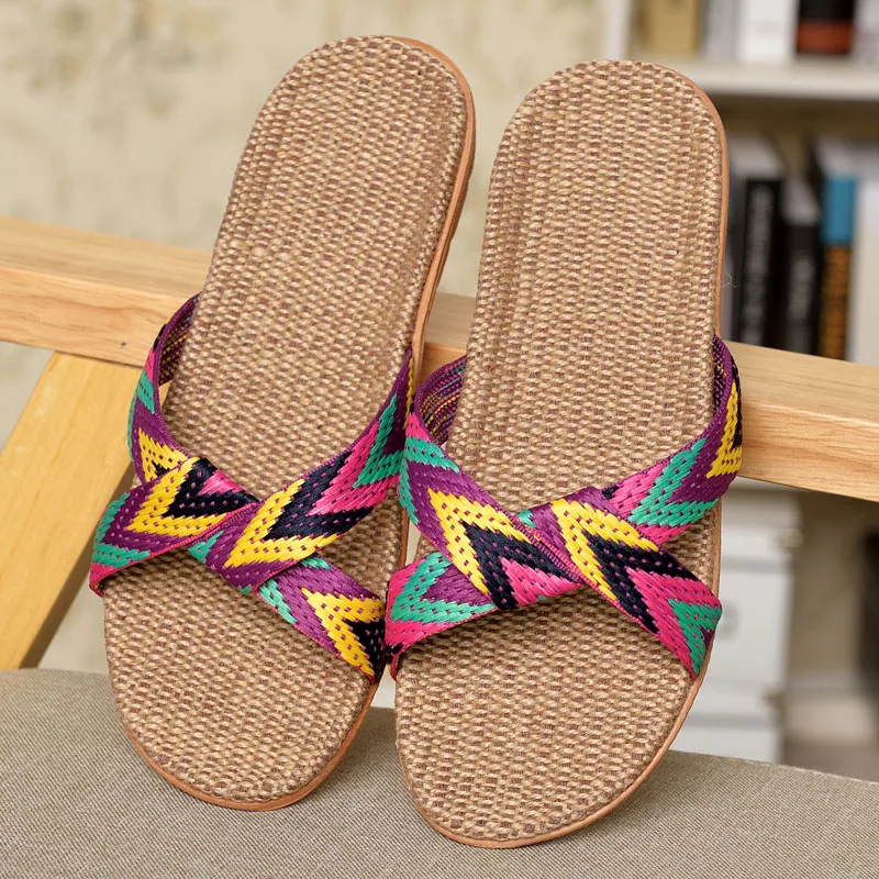 Шлепанцы унисекс льняные домашние тапки с перекрестными ремнями тихие для пота