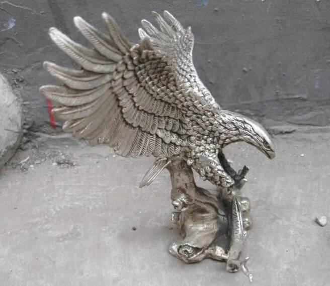 Free shipping R0722 Details about 8&quot Chinese silver carved fine spread the wings eagle Sculpture statue | Дом и сад