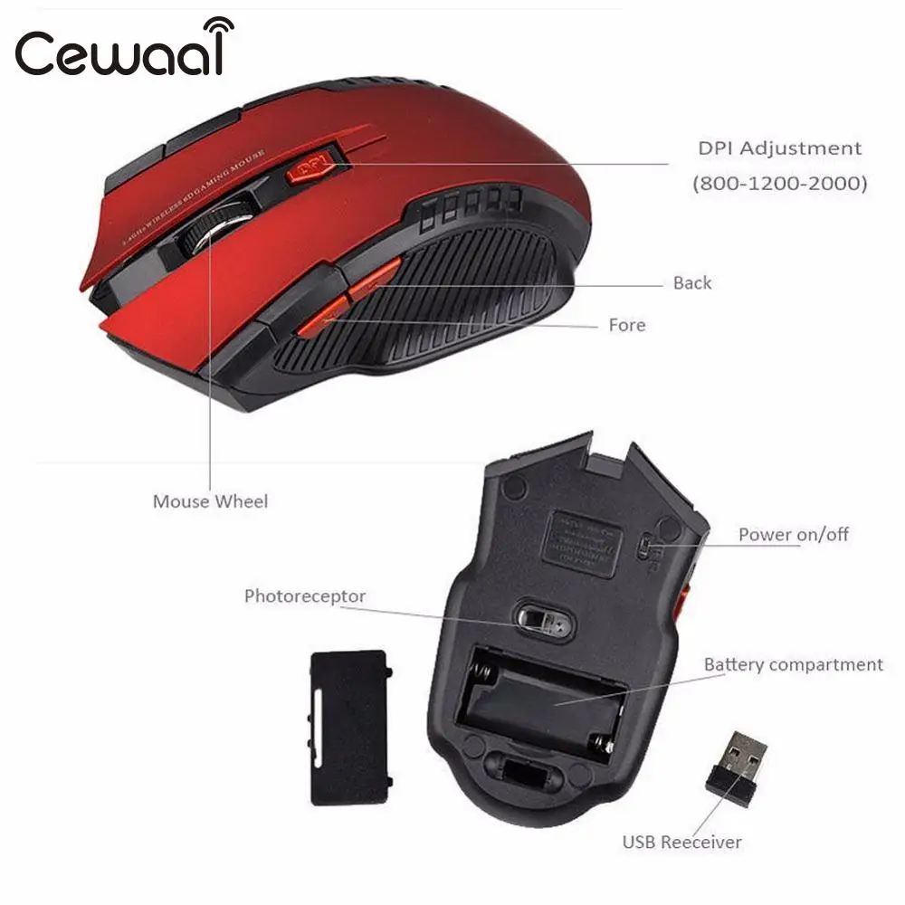 Cewaal портативная беспроводная usb мышь 6 кнопок 2 4G 2400 dpi оптическая игровая геймер