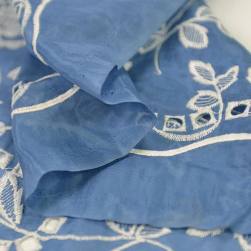 Шелк и хлопок смешанная ткань белый цветочный embrodery на синем фоне SCT391|Ткань| |