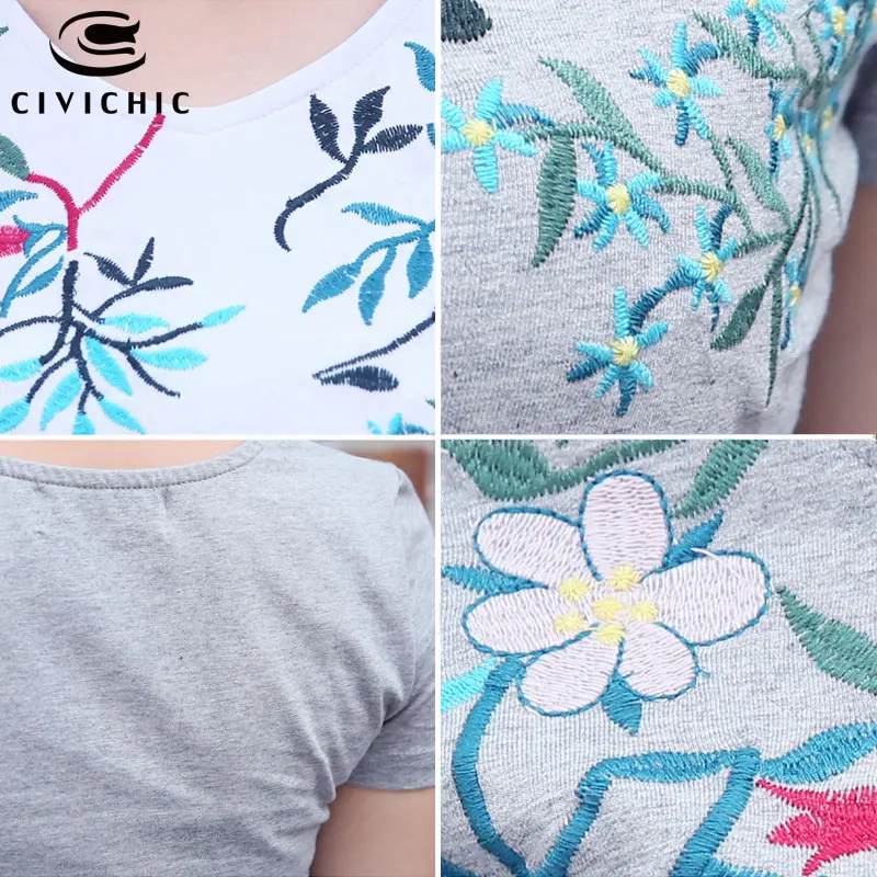 

CIVI CHIC Summer Floral Embroidery Women T-shirt V Neck Slim Tees Ethnic Cotton Tops Female Elegant T Shirts Plus Size 3XL WST21