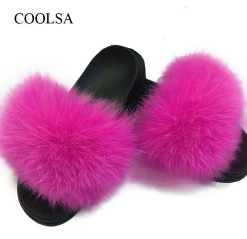 COOLSA/женские меховые тапочки; женские модные Нескользящие домашние тапочки с лисьим мехом; женские летние легкие домашние тапочки на плоской подошве - Цвет: Rose Red