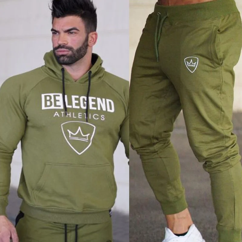 Army Green(Sets) Мужские комплекты спортивной одежды для бега, спортивные штаны, спортивные штаны для тренажерного зала, фитнеса, тренировок, кроссфита, толстовки, штаны, мужские спортивные Брендовые спортивные костюмы для бега - Цвет: Army Green(Sets)