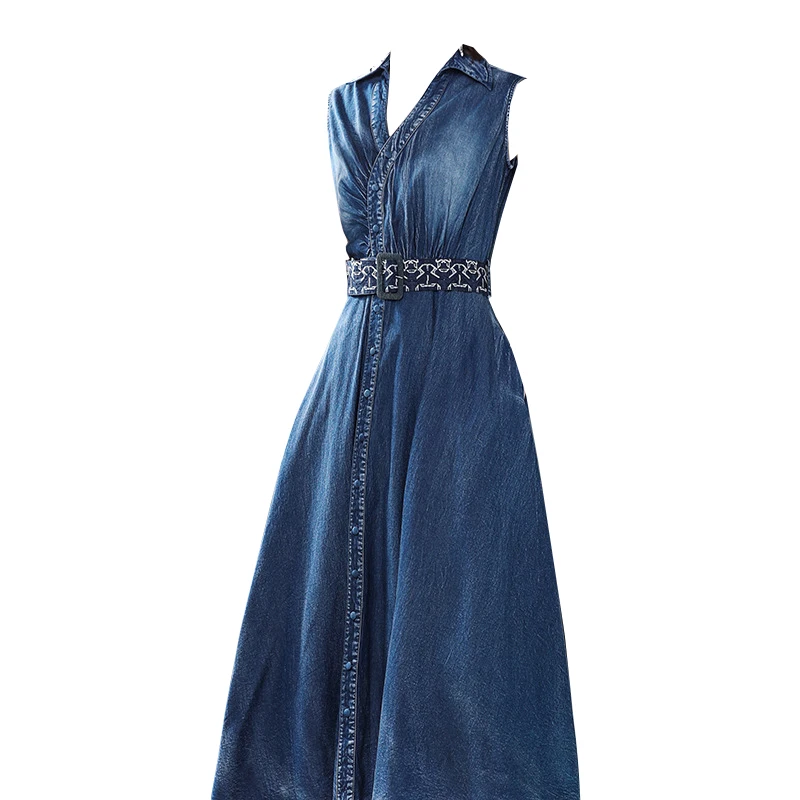 

Women Jeans Dress 2019 Elegant V-neck Sleeveless Denim Dress Office Ladies Big Swing Dress Robe Femme