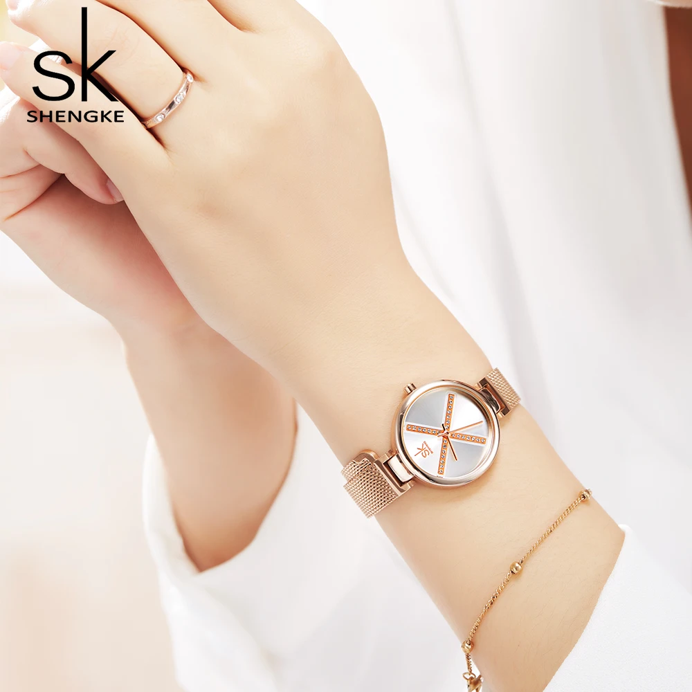 Shengke Women's Watch Creative Dial Luxury Diamond Ladies Stainless Steel Wrist Watch Female Clock Rose Gold Quartz Watches Gift avocado new flamingo watch fashion print cartoon quartz watches rose gold mesh for women female ladies girl clock gift wrist