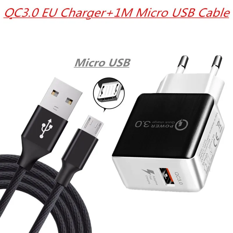 charger and cable Быстрое зарядное устройство QC 3,0, микро USB кабель для Xiaomi, samsung, huawei, honor 8C, 8X P, Smart, sony, microusb, быстрое зарядное устройство QC3.0 - Тип штекера: charger and cable