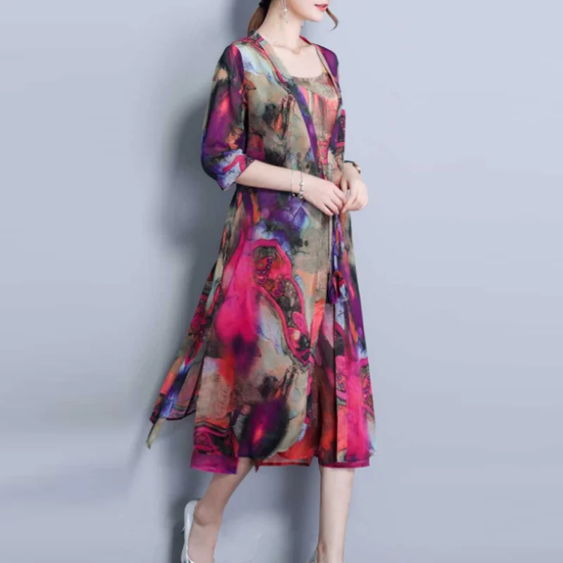 

Женское платье на бретельках с принтом, весеннее платье большого размера 3XL, 4XL + кардиган с открытым швом, элегантное шифоновое платье RE2112