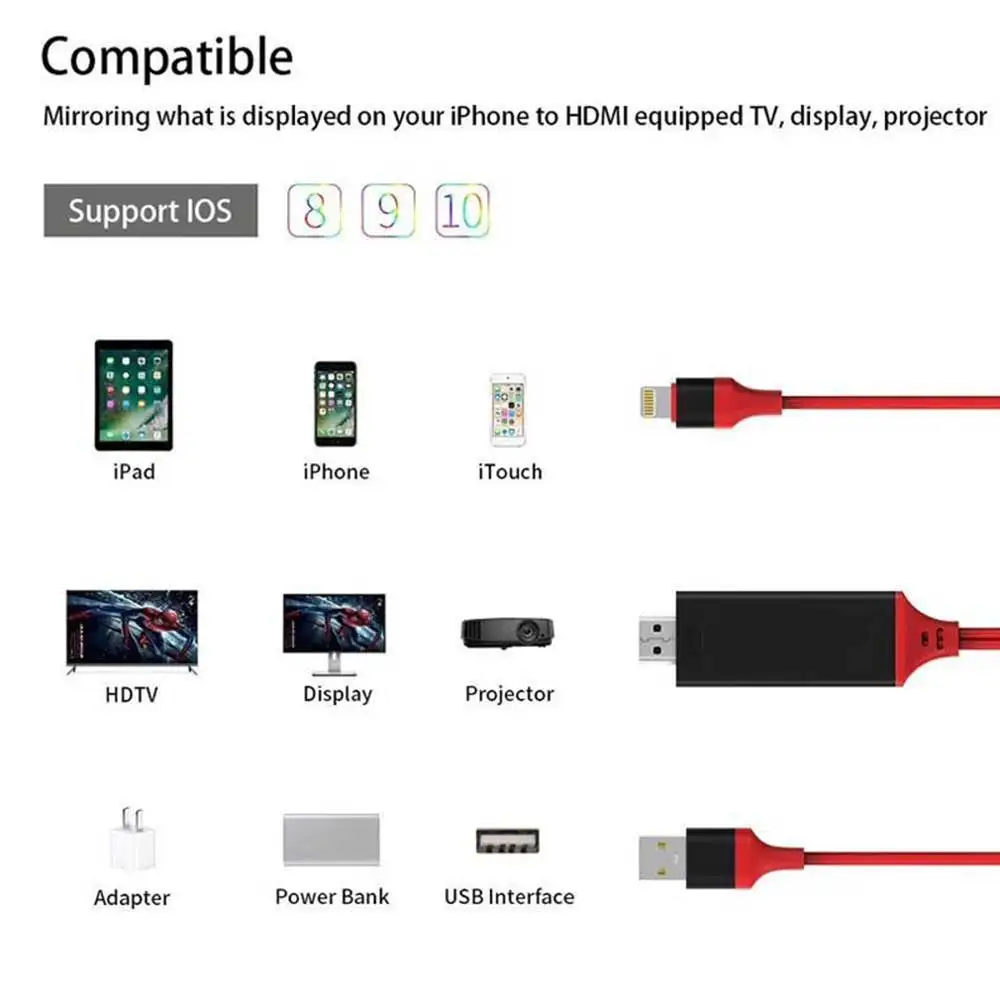Rovtop 2 м USB 8 Pin к HDMI HDTV AV кабель адаптер для iPhone 7 Plus 6S 6 5S 5 зарядный 0 11|Кабели HDMI| |