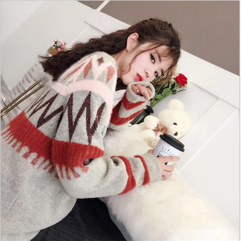 Sweet Winter Autumn Women Sweater Pullovers O-Neck Long Sleeve Loose Female Knitted Tops Jumper Elastic Soft Warm CQ2749