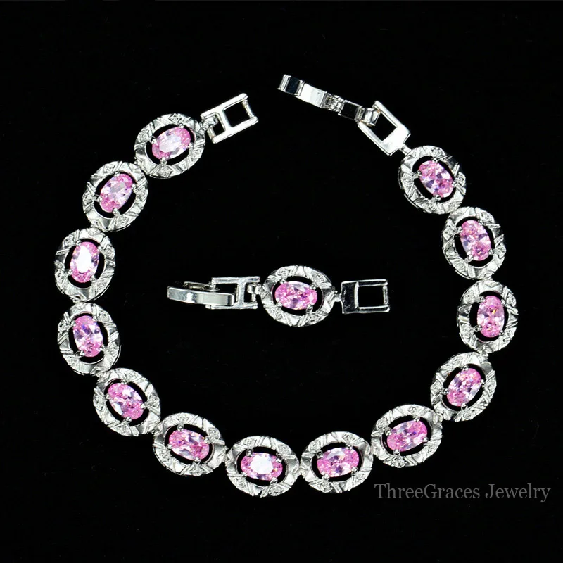 pink ThreeGraces 6 вариантов цветов женские ювелирные изделия подарок модный хрустальный браслет с фиолетовым розовым зеленым королевским синим CZ камнями BR125 - Окраска металла: pink