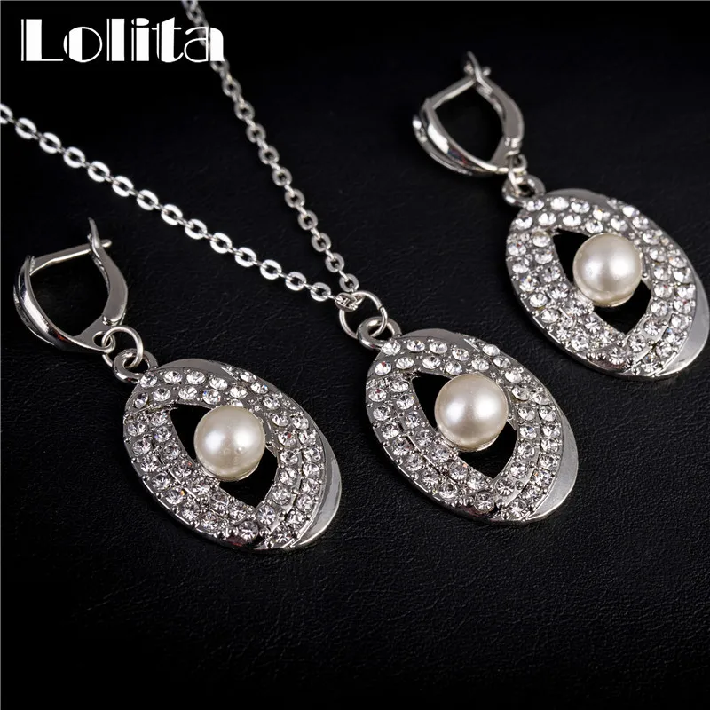 Белый Цвет Золота Австрийский хрусталь Глаза С Жемчужное Ожерелье Серьги