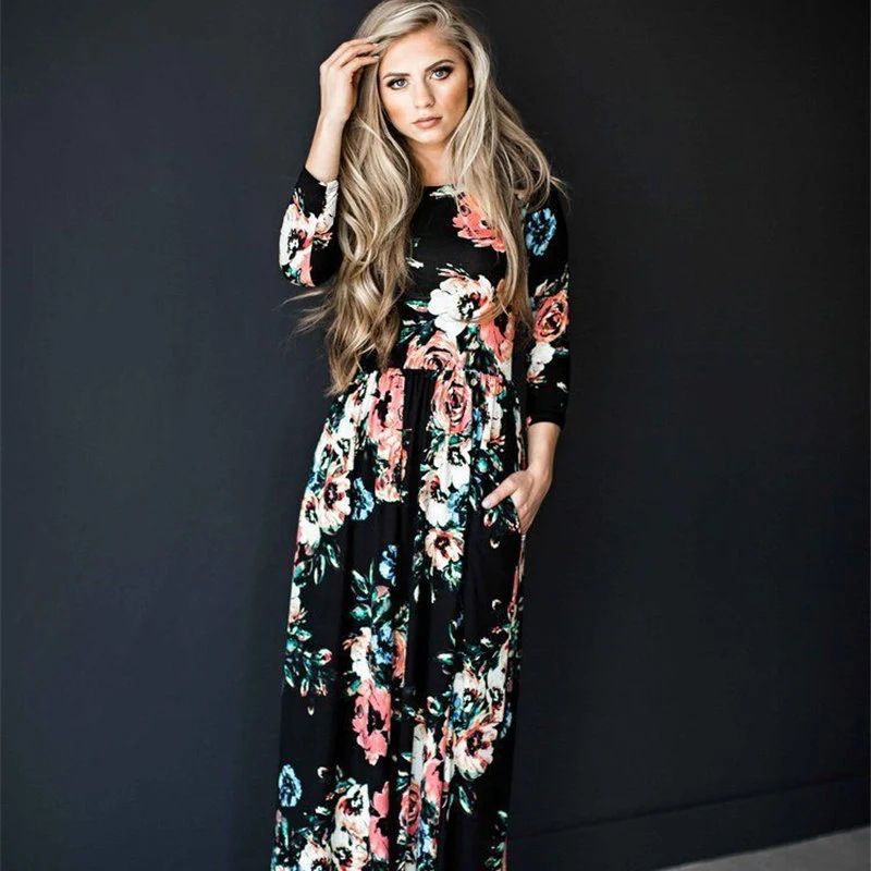 Женское платье-рубашка длинное Повседневное платье с длинным рукавом и о-вырезом