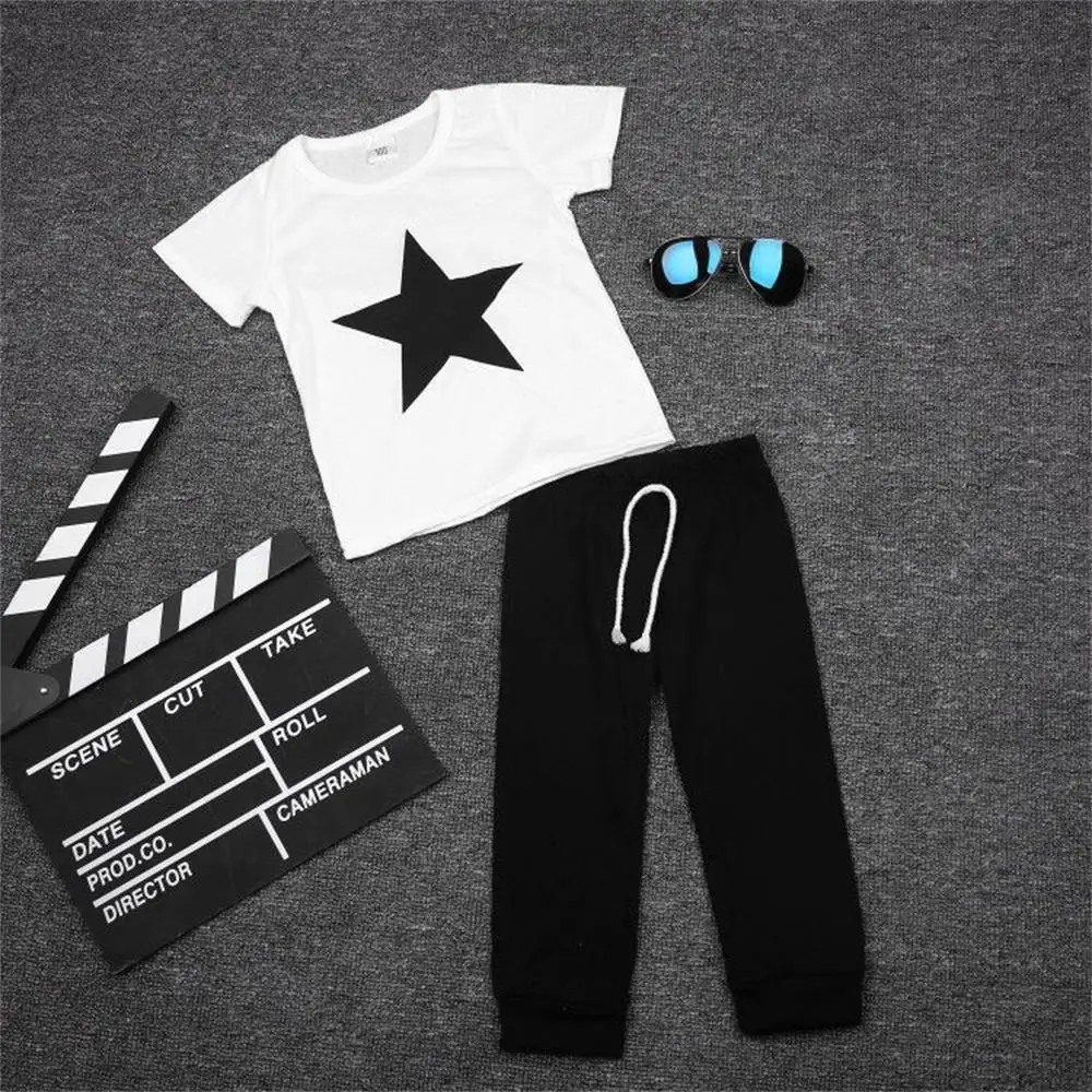 Hot Sale Baby Clothing Sets Summer Style Girls Boys Clothes Black Letter T-shirt+Imitation cowboy pants 2pcs suit | Детская одежда и