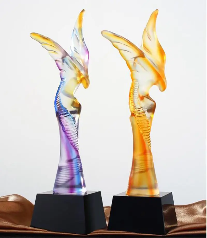 

Top quality!New Golden Eagles wings color art glass trophy high-end crystal trophy Free printing,Free shipping