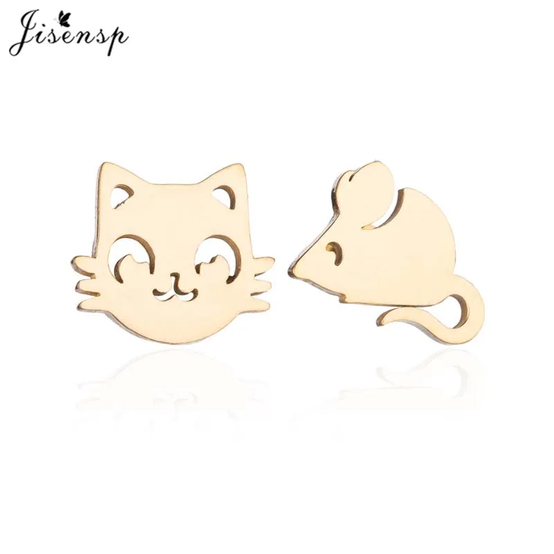 cat earrings Jisensp классические асимметричные серьги-гвоздики с животными для девочек с милым рисунком кота и мышки, детские ювелирные изделия, подарок - Окраска металла: cat earrings