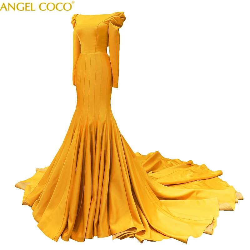 2020 Новые Желтые атласные мусульманские Вечерние платья Сексуальные Модные