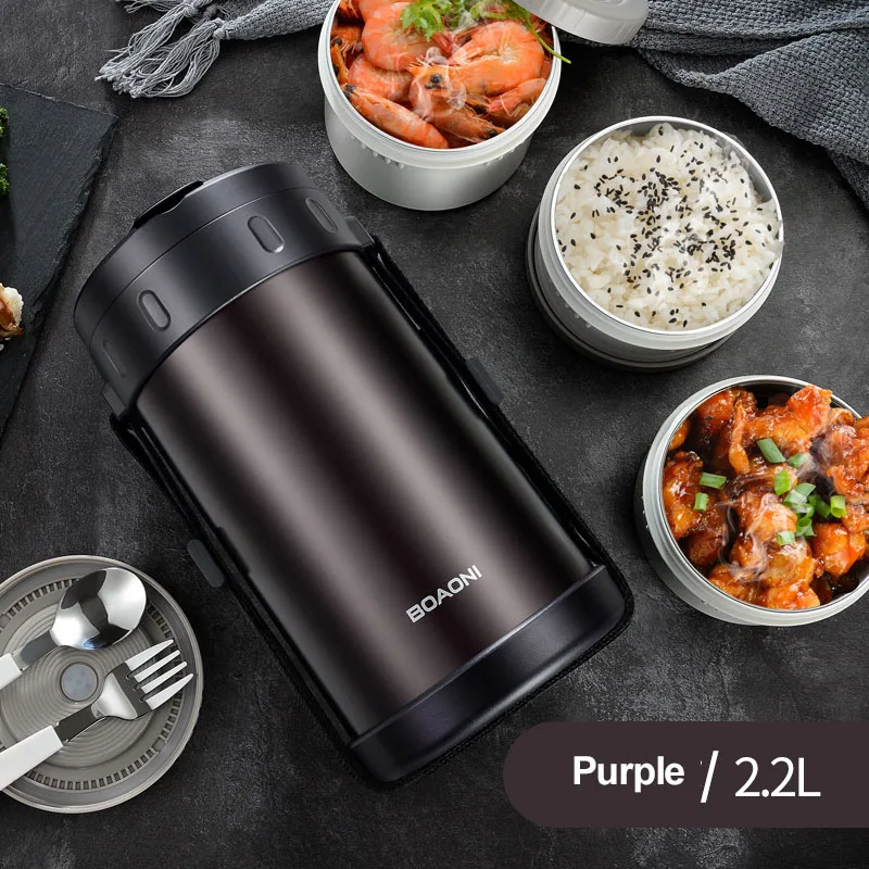 BOAONI 2.2L термос Еда Коробки для обедов вакуумной изоляцией из нержавеющей стали