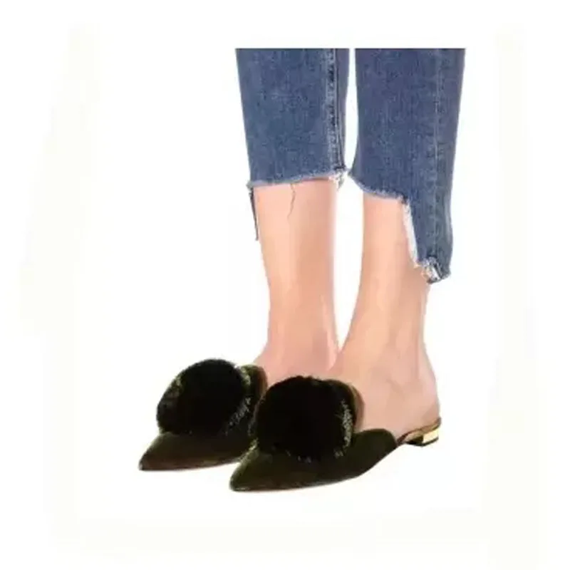 

Новинка; бархатные Тапочки на плоской подошве с круглым носком и кисточками для девочек; женские слинбэки с острым носком; женские повседневные мюли с бахромой