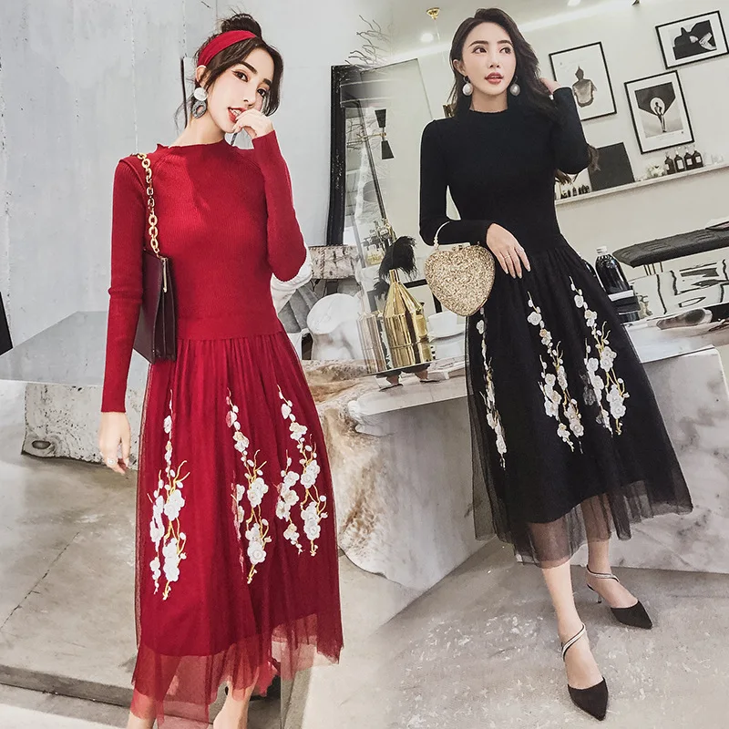 New winter knitting sweater dress off two gauze embroidery women warm show thin the tower | Женская одежда