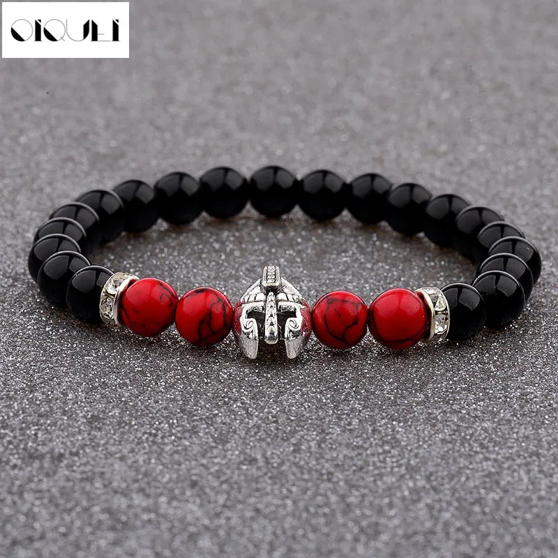

Fashion Energy Yoga Bracelets For Women Men Spartan Helmet Beaded Bracelet Charm Bangles Black Lava Stone Sliver Color Homme