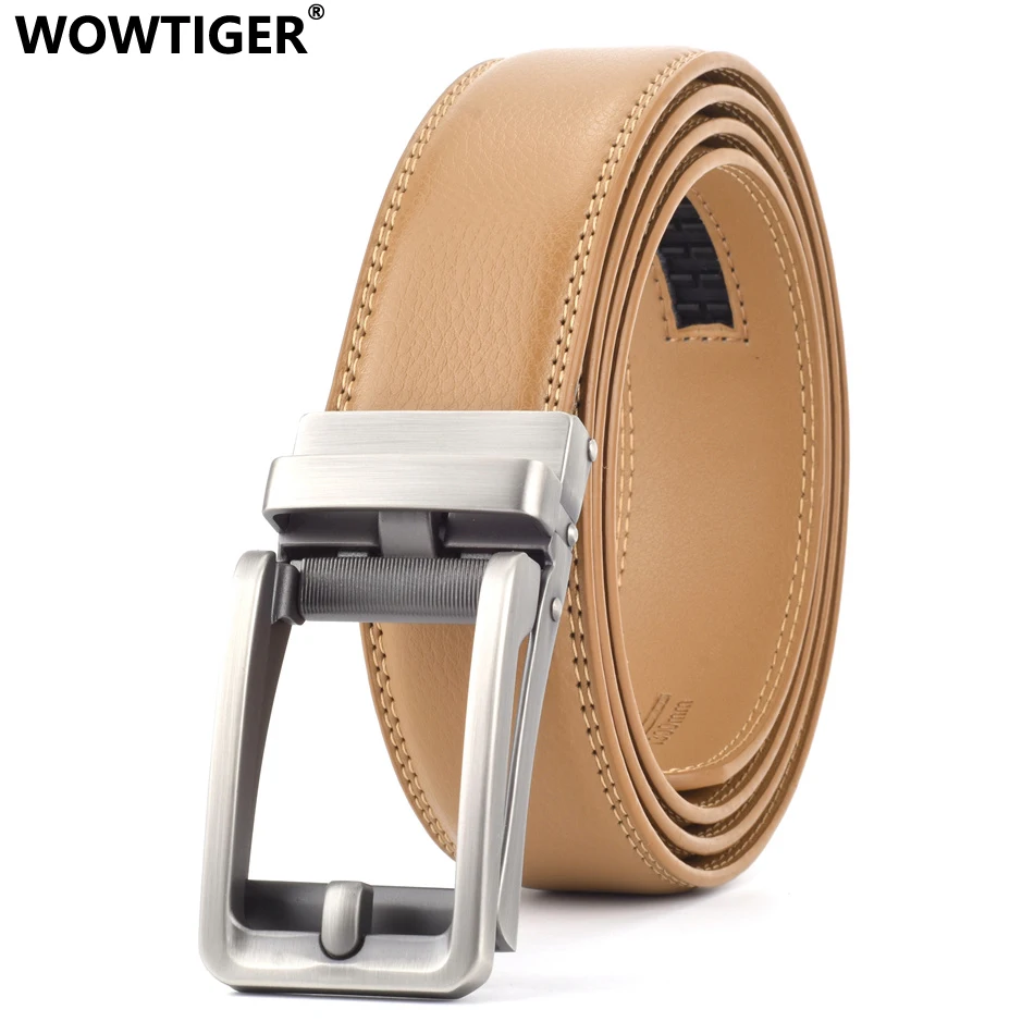 WOWTIGER-Cinturón de cuero de vaca genuino para Hombre, marca de alta calidad, trinquete automático, Cinturones de lujo, marrón