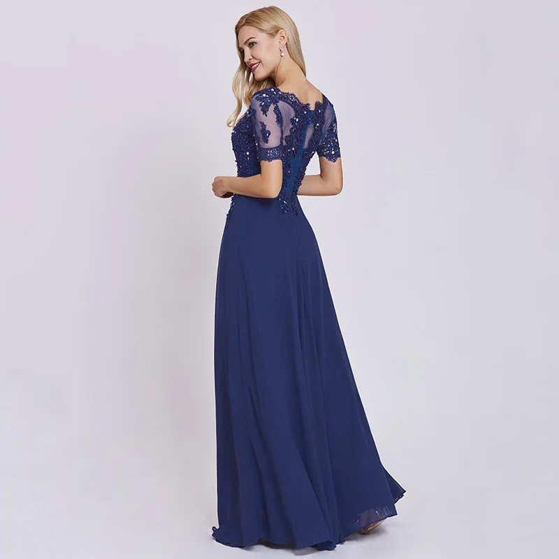 Tanpell Dark Royal Blue Long Evening Dress Lace Beaded O Neck Short Sleeves Women Formal Prom Dresses Robe De Soire 2019 | Свадьбы и