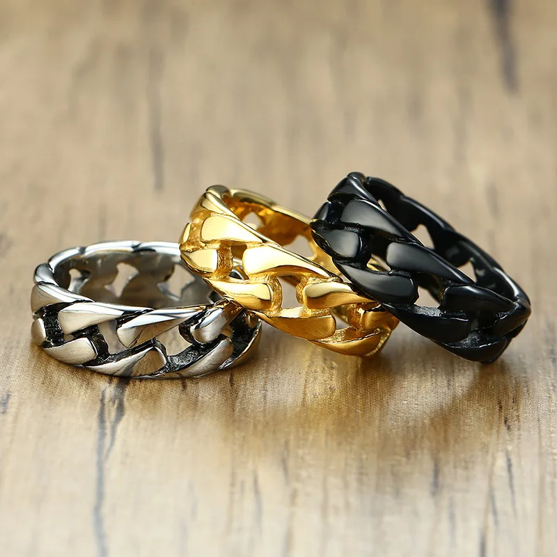 

Recommend Top Quality Black Color Men Ring Jewelry Chain Rings For Mans Jewelry Dropshipping Gold Silver Color Punk Ring 7~12