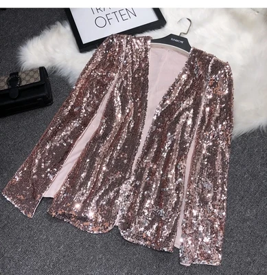 pink no belt Cakucool роскошный блестящий блейзер для женщин Весна полное Золотое пальто с пайетками пончо открытая стежка блестящая элегантная накидка куртка для женщин - Цвет: pink no belt