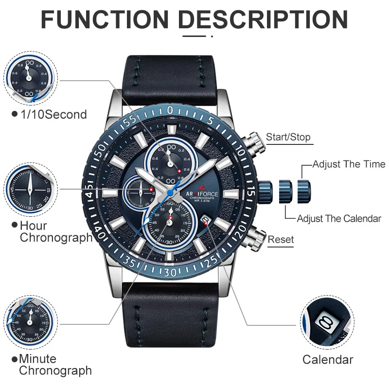 Бренд ARMIFORCE, топ класса люкс, мужские часы, деловые мужские спортивные часы с кожаным ремешком, кварцевые мужские часы, водонепроницаемые часы, Relogio Masculino