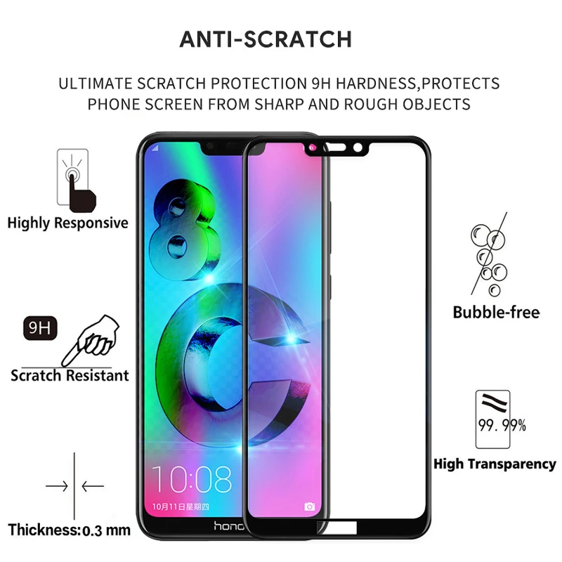 2 шт. 100% оригинальное закаленное стекло с полным покрытием для Huawei Honor 8C защитное 9H