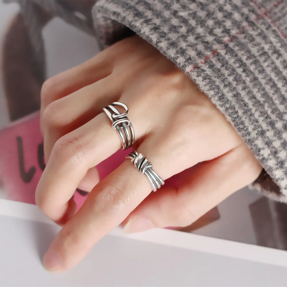 

Silvology 925 Sterling Silver Vintage Bandage Tie Rings Silver Texture Industrial Style Elegant Open Rings For Women 925 Jewelry