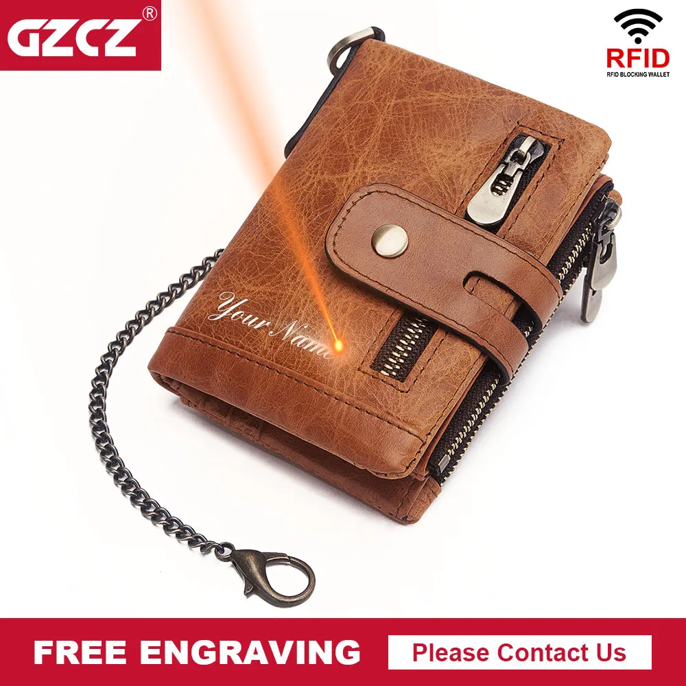 GZCZ Rfid кошелек из натуральной кожи, Короткий Мужской кошелек для монет на молнии, Мужской винтажный кошелек на цепочке, высокое качество, дизайн, гравировка