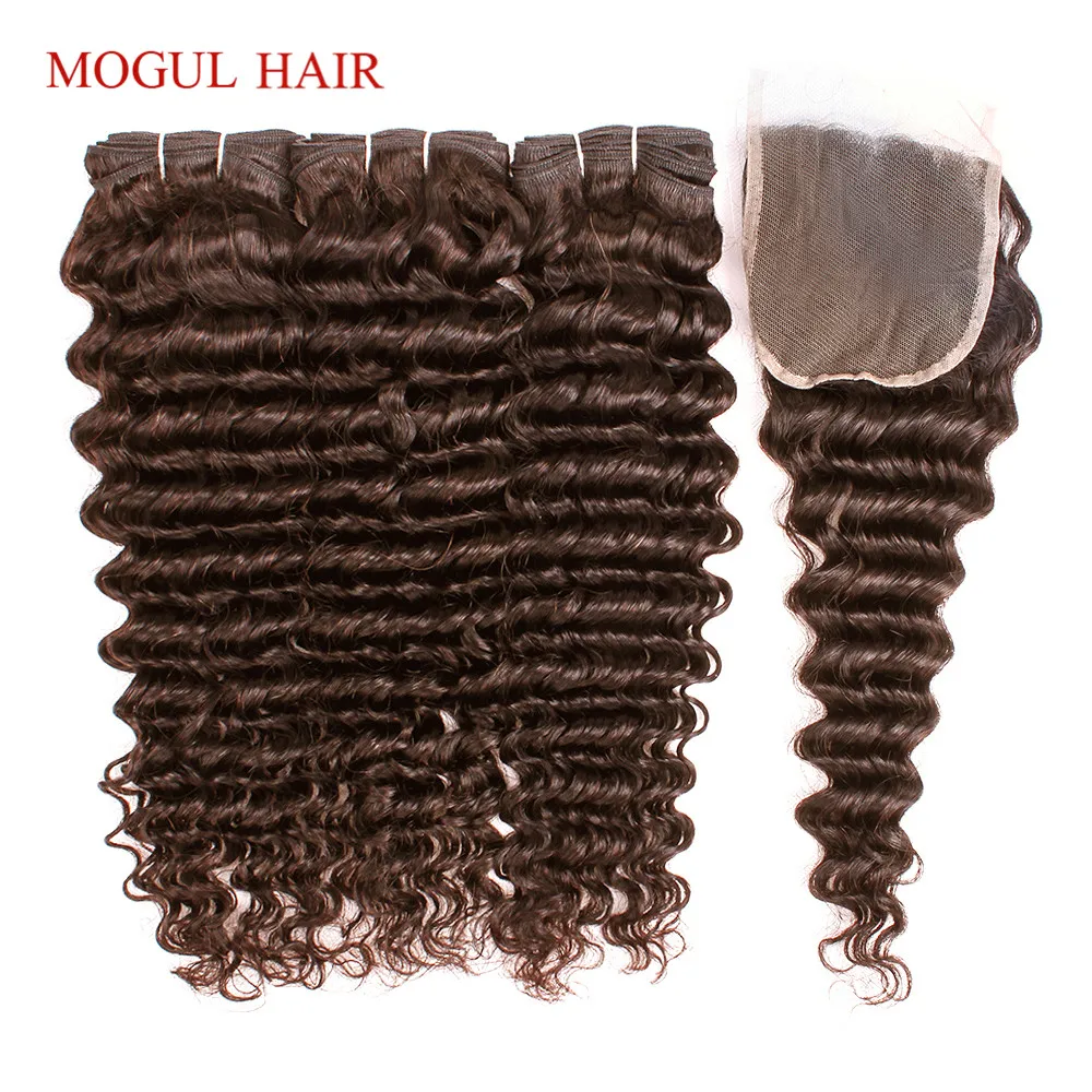 Chocolate Brown Color 4 Deep Wave Bundles With 4x4 Lace Closure 10-24 inch Remy Human Hair Weave 2/3 Bundles MOGUL HAIR