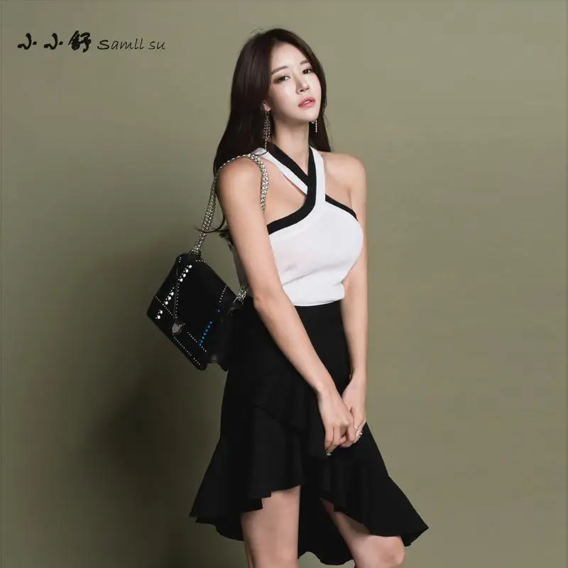 Женский сарафан с лямкой на шее черно-белый Вечерние ний Асимметричный Сарафан