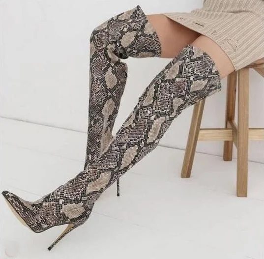 Spring New Brand Woman Python Snake Skin Pu Stiletto Heels Pointed Toe Slim Over The Knee Thigh Long Boots Burgundy Plus Size | Обувь