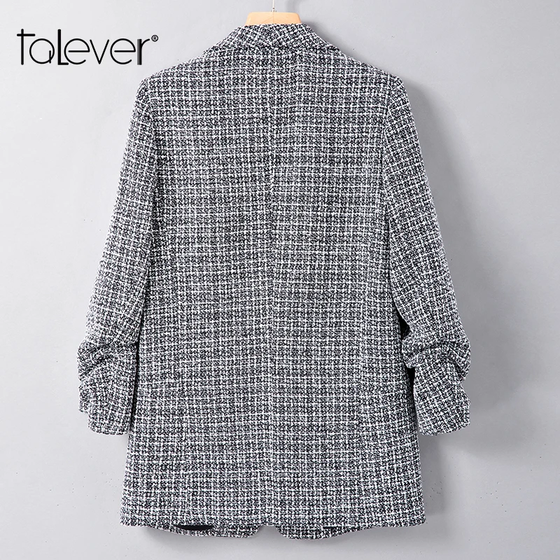 Women Thick Tweed Plaid Blazer Female Three Quarters Sleeve Slim Fit Jacket Winter Office Lady Spring Jackets Outerwear Talever | Женская