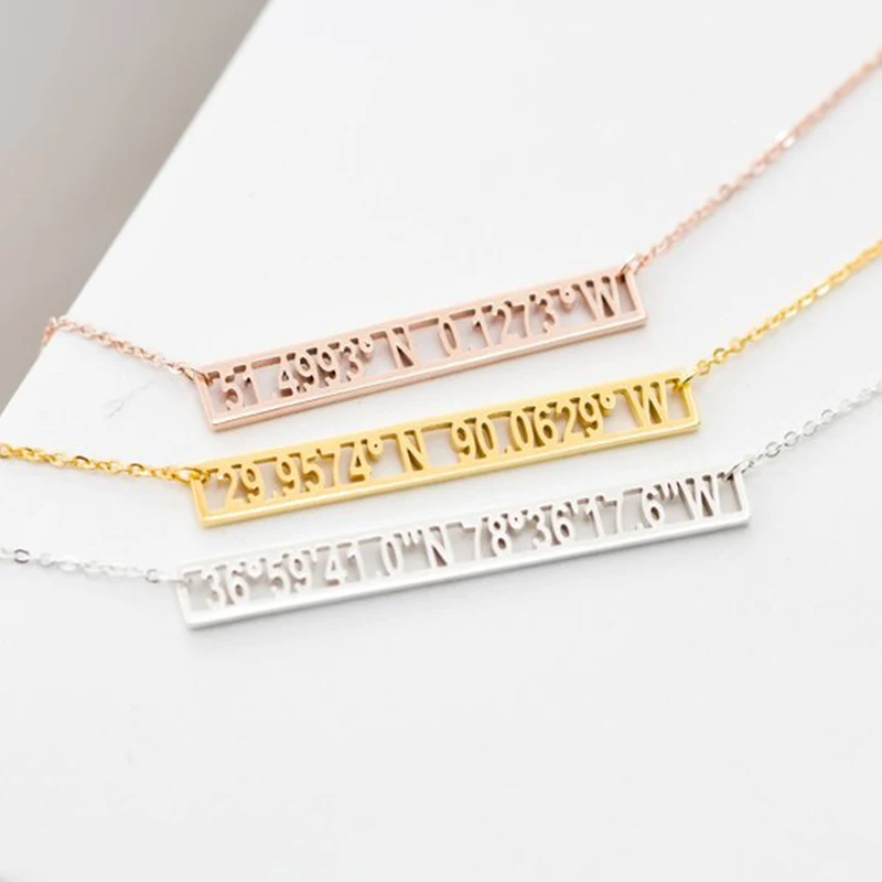 Gold Color Customized Coordinates Bar Pendant Necklace Vintage Jewelry Personalized Name Choker Custom Bijoux Kolye | Украшения и