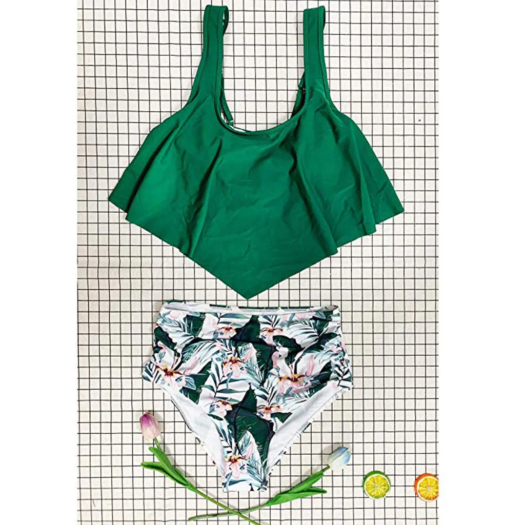 Женский купальник из двух частей с принтом и зелеными ремешками Раздельный