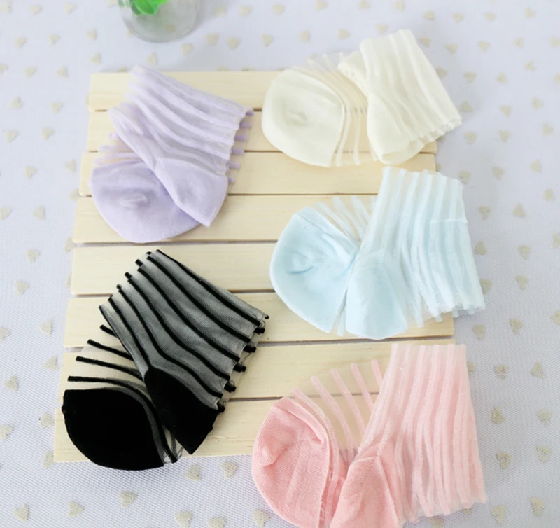 Sales 5 Pairs/Lot Horizontal Stripe Crystal Glass Socks Woman/Ladies Summer/Autumn All-Size Ultra-Thin Female Bas