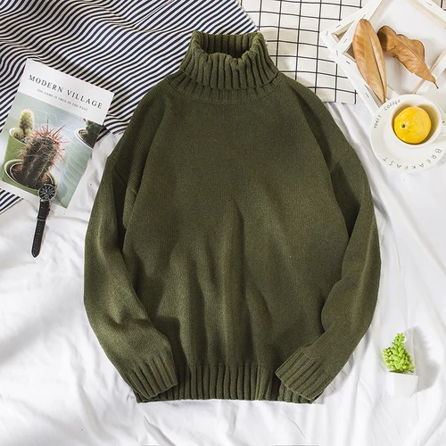army green Свитера для мужчин с высоким, плотно облегающим шею воротником, крепкие мягкие теплые Универсальные повседневные толстые Вязание Одежда в Корейском стиле Простые мужские кепки, кепки в стиле свитер шик - Цвет: army green