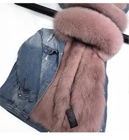 blue coat pink fur Зимняя куртка, пальто, женская белая джинсовая куртка с дырками, настоящий большой воротник из лисьего меха, с капюшоном, с подкладкой из кроличьего меха, свободная куртка, Корейская Новинка - Цвет: blue coat pink fur