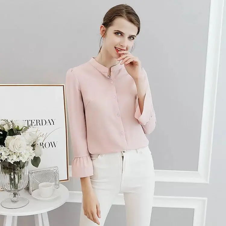 Casual Blusa Feminina Tops Lady Shirt Spring and Summer New Women's Sleeve Chiffon Women Loose Solid Color Base |