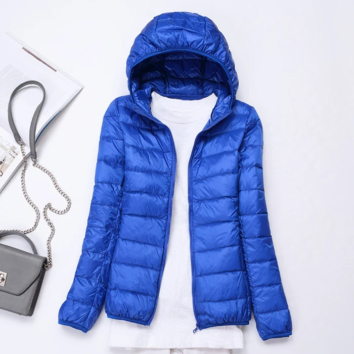 1 sapphire blue Новинка, зимний женский ультра-светильник, 90% утиный пух, с капюшоном, dwon, куртка с длинным рукавом, теплая, тонкая, Женская куртка, пальто, большие размеры - Цвет: 1 sapphire blue