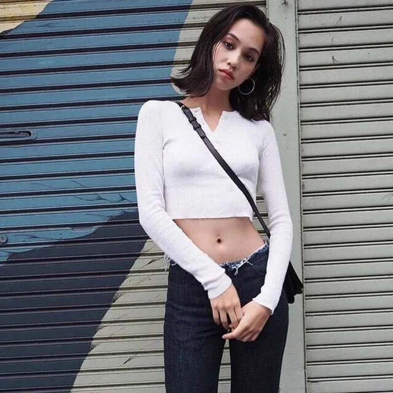 Solid Color Strentch Knitted Sweater Women Long Sleeve Slim Pullovers Top Female Buttons Warm Knitwear Jumper Pull Crop Tops | Женская