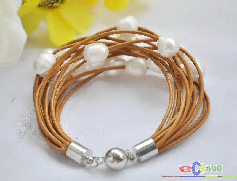 

15row 8" 13mm white rice pearl coffee leather bracelet