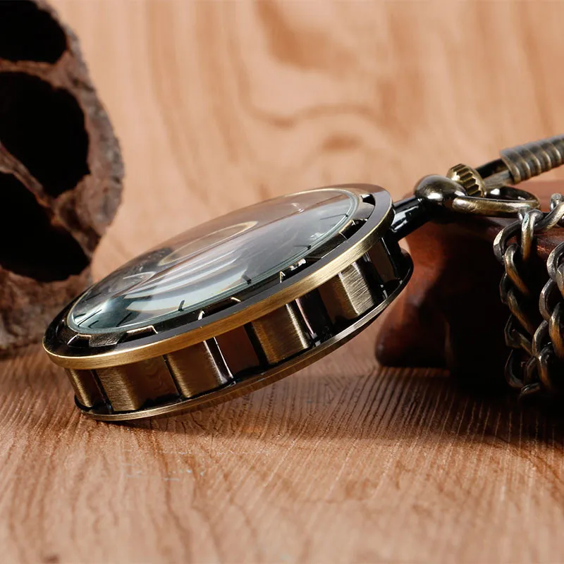 

YISUYA Vintage Antique Hub shape Steampunk Bronze Hand-winding Mechanical Pocket Watch Pendant Chain Watches Men Women Gift
