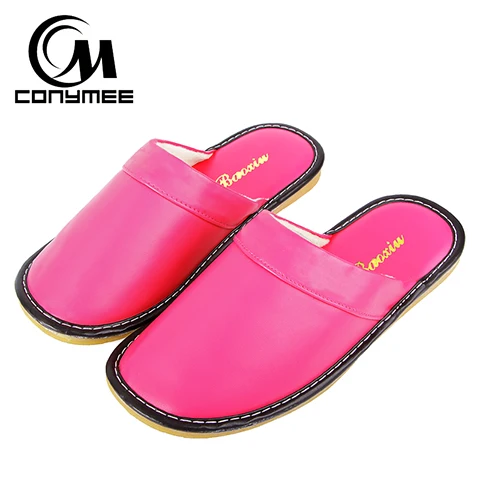 PT-RUP Rose Red Conymee пара Домашние зимние тапочки Для мужчин/Для женщин из натуральной кожи комнатная обувь пантуфли Нескользящие тапочки Повседневное кроссовки - Цвет: PT-RUP Rose Red